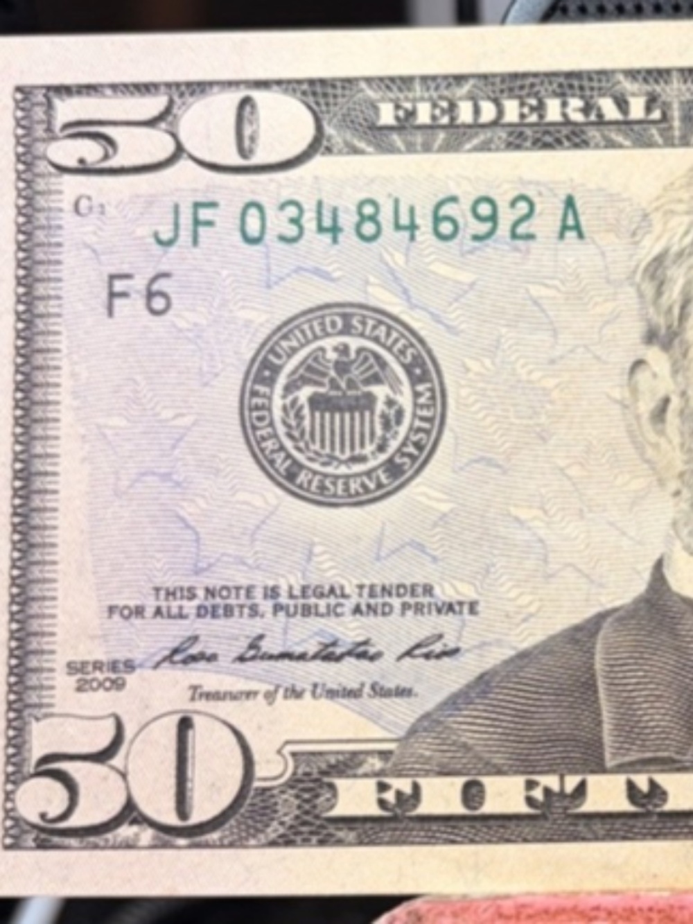 2009 $50 dollar bill Atlanta low serial #JF 03484692 A D #206546440404